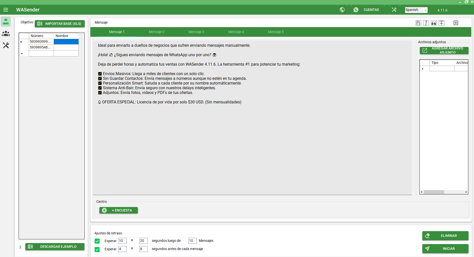 Dashboard del software profesional WASender para envío masivo de WhatsApp en Windows